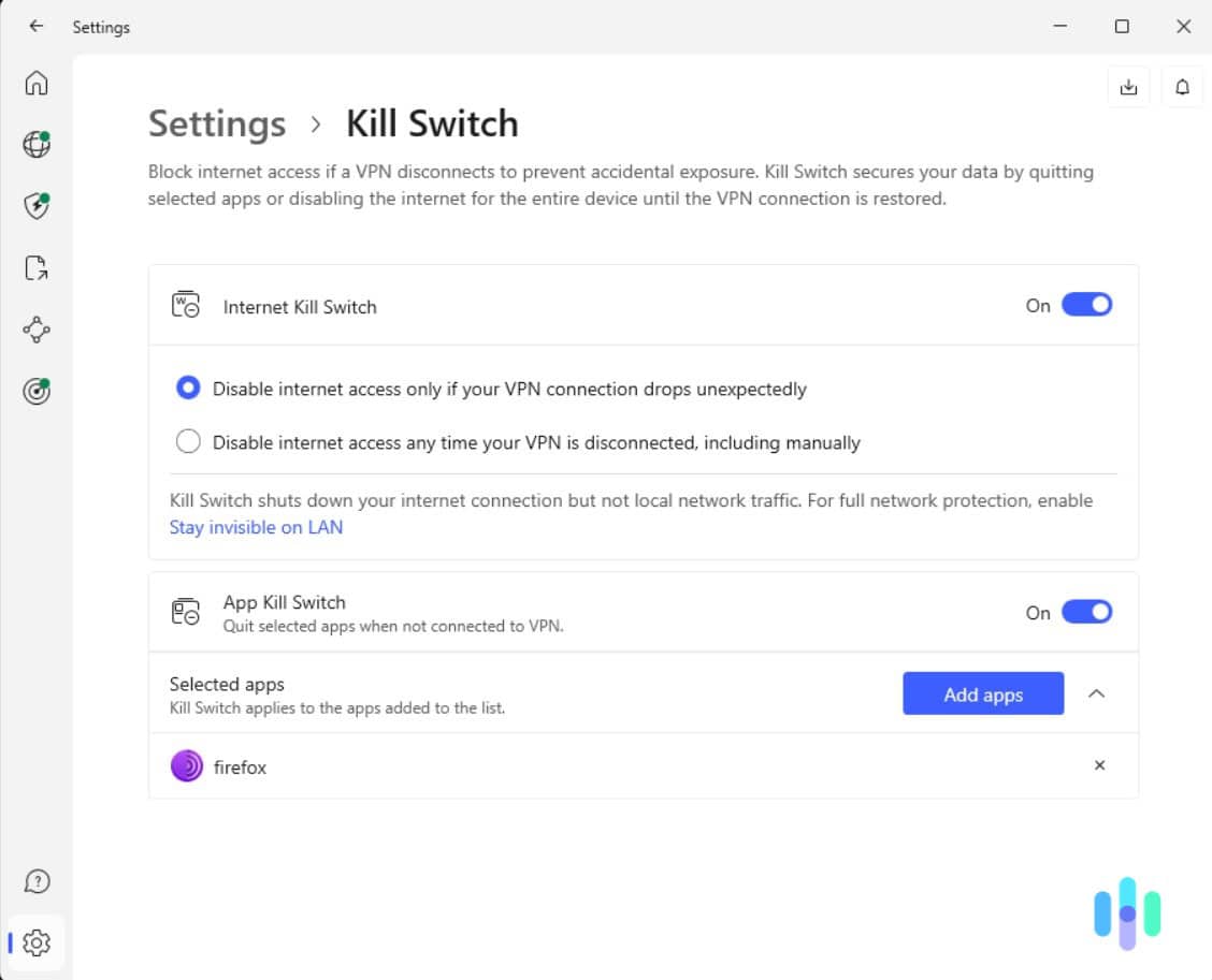 We recommend customizing the kill switch rules to your liking in NordVPN’s “Settings” menu 