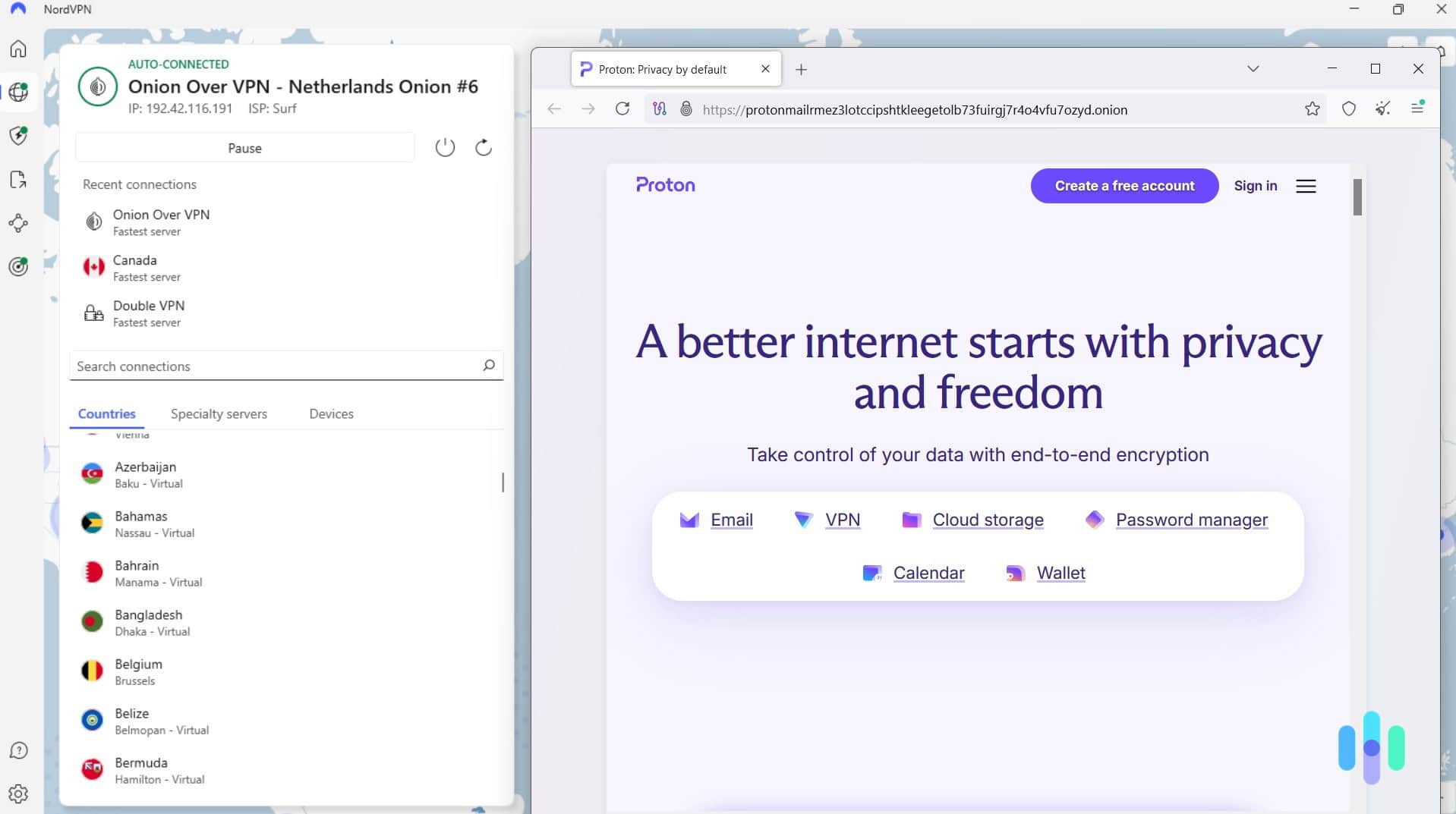 We were able to access Proton Mail’s onion site while connected to NordVPN’s “Onion Over VPN” server in the Netherlands