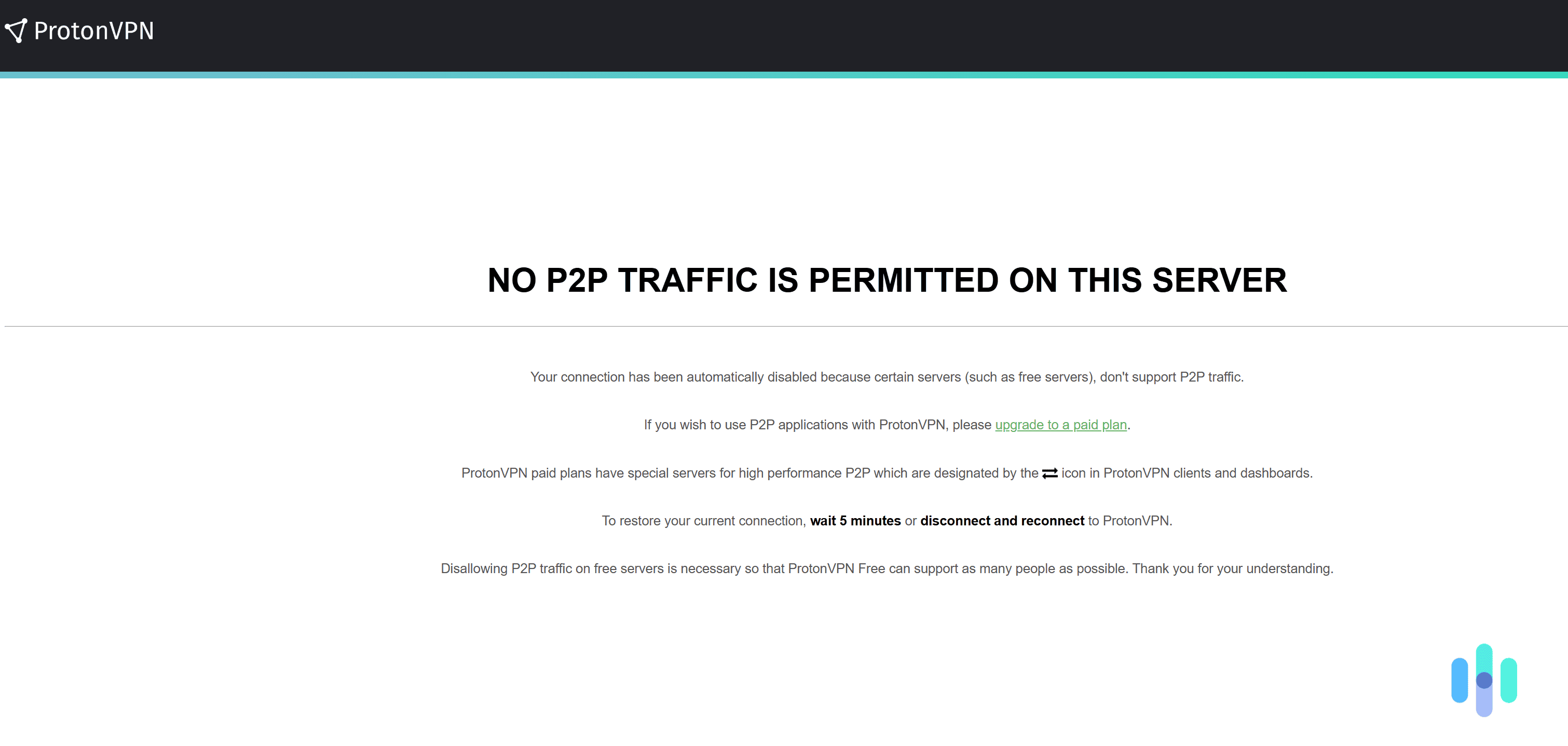 When we tried torrenting on the free plan, Proton VPN redirected us to this page.