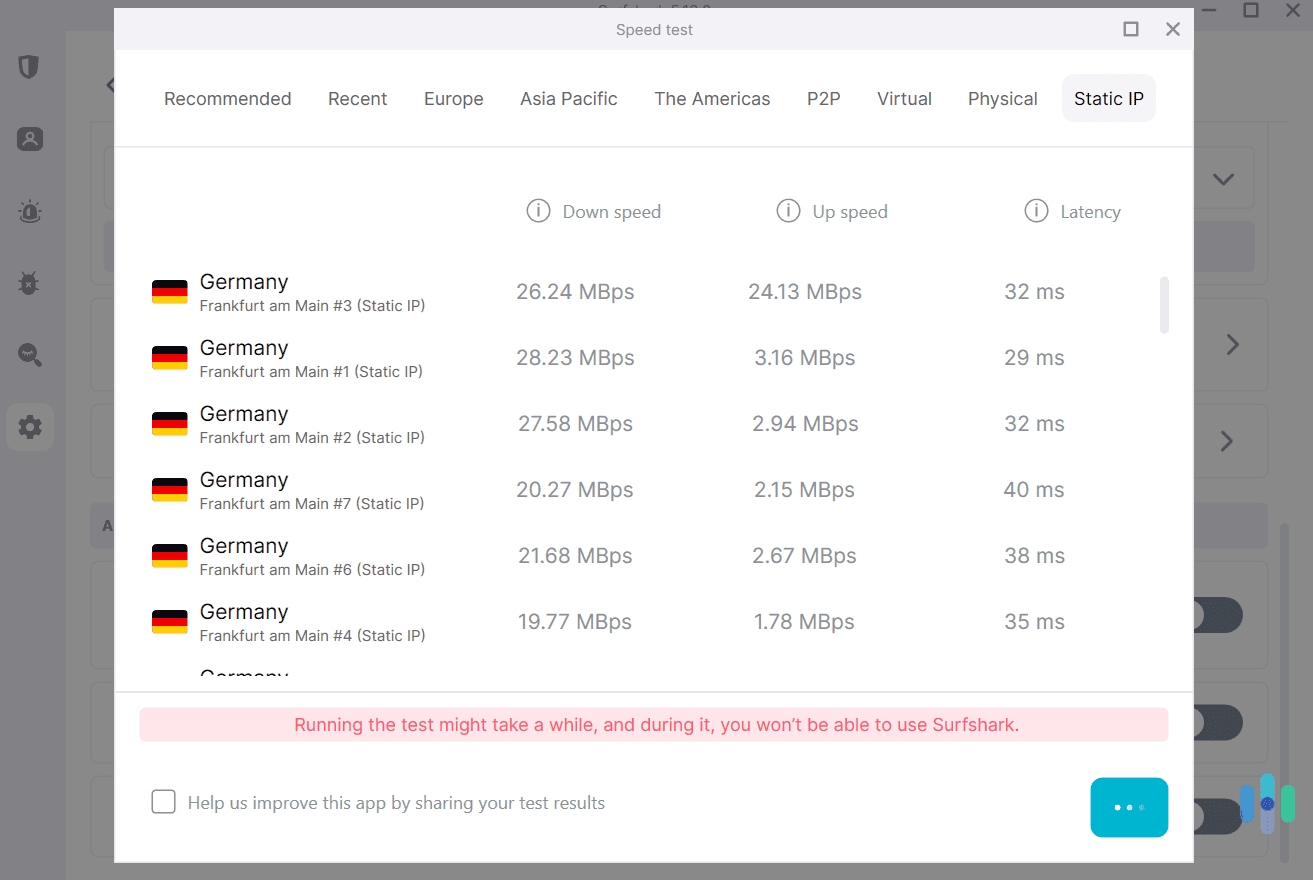 Whenever we used Surfshark's built-in speed test on Windows, it always accurately displayed the fastest servers for our location.