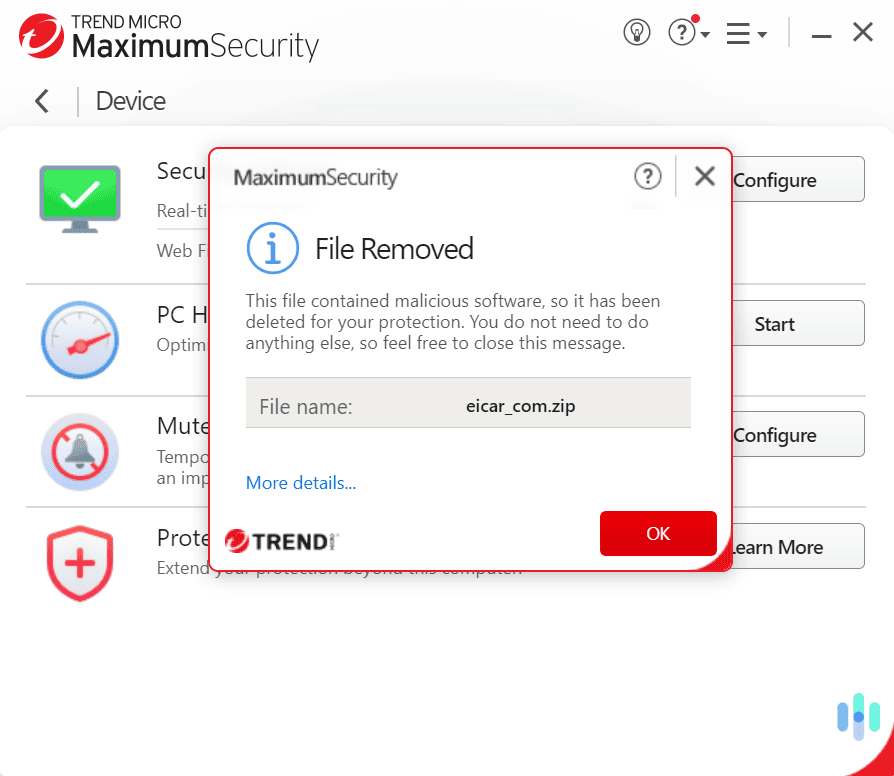 Even though Trend Micro allowed us to download the EICAR malware test file, it immediately removed it once it was downloaded.