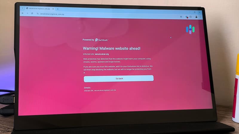 Surfshark’s real-time protection stopped our Eicar malware test file download.